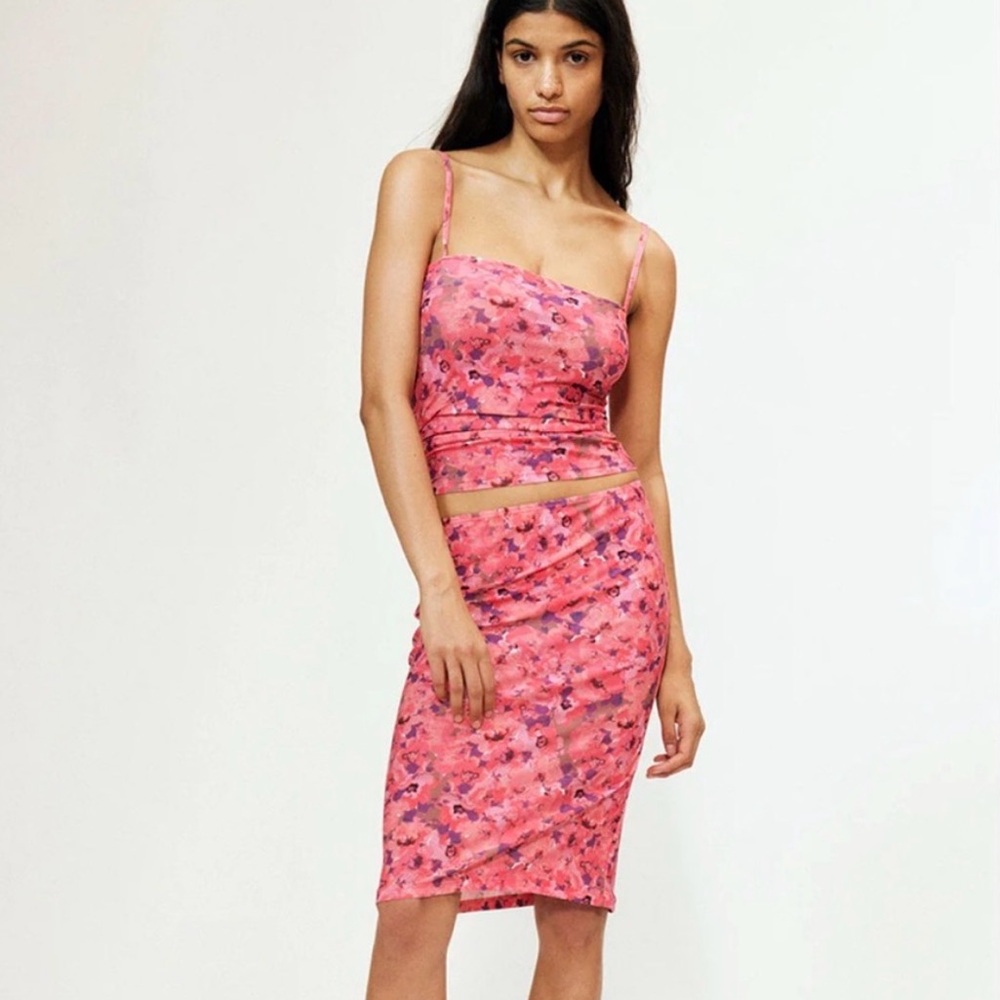NWOT Musier Paris Cha Cha Pink Floral Tank Top and Midi Skirt Set